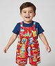 Babyhug Single Jersey Knit Dungaree & Half Sleeves T-Shirt With Animal Print - Red & Blue