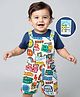 Babyhug Single Jersey Knit Half Sleeves T-Shirt & Dungaree With Text & Smiley Print -  White & Blue