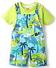 Babyhug Single Jersey Knit Half Sleeves T-Shirt & Dungaree With Text & Beach Theme Print - Limegreen