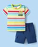 Babyhug Single Jersey Knit Half Sleeves Striped T-Shirt & Shorts Set with Text Print - Navy Blue
