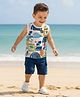 Babyhug Single Jersey Knit Sleeveless Tank T-Shirt & Shorts Set With Beach Theme Print - White & Blue
