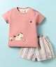 First Smile Sinker Knit Half Sleeves T-Shirt & Striped Shorts Set With Toys Embroidery - Pink