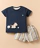 First Smile Sinker Knit Half Sleeves T-Shirt & Striped Shorts Set With Toys Embroidery - Navy Blue