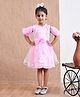 Bella Moda Net Half Sleeves Sequins Embellished & Bow Applique Detailed Dress - Pink