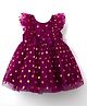 Babyhug Woven Frill Sleeves Fit & Flare Mesh Party Dress with Glitter Print & Bow Applique - Purple