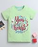 BUMZEE Cotton Woven Half Sleeves Checks T-Shirt with You Make My Heart Smile Text Print - Light Green