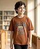 Kookie Kids 220GSM Single Jersey Drop Shoulder Half Sleeves Oversized T-Shirt with Text Print - Brown