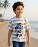 Kookie Kids Single Jersey Knit Half Sleeves Striped Oversized T-Shirt with Beach Theme Print - White & Grey