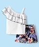 CrayonFlakes Cotton Sleeveless Frill Detailed Solid Top With Floral Printed Shorts Set - White