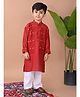 Kinder Kids Cotton Full Sleeves Threadwork Embroidered Sequins Embellished Kurta Pyjama Set - Red