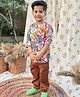 Peekaaboo Kids Cambric Full Sleeves Floral & Leaves Printed Shirt & Cargo Pants Set - Brown & Multi Colour