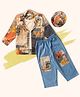 Peekaaboo Kids Pure Cotton Full Sleeves Tropical Theme Printed Coordinating Shirt With Attached Tee & Pant With Cap Set - Blue