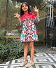 Peekaaboo Kids Pure Cotton Three Fourth Puffed Sleeves Floral Printed Dress - Blue & Pink