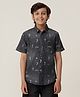 Under Fourteen Only Half Sleeves Palm Trees Printed Denim Shirt - Black
