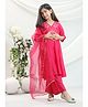 misbis Silk Blend Three Fourth Sleeves Floral Embroidered & Sequins Embellished Kurta Palazzo With Dupatta Set - Hot Pink