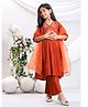 misbis Silk Blend Three Fourth Sleeves Floral Embroidered & Sequins Embellished Kurta Palazzo With Dupatta Set - Rust Orange