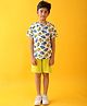 Anthrilo Cotton Blend Half Sleeves Cars Printed Tee & Shorts Set - White & Lime Yellow