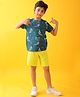 Anthrilo Cotton Blend Half Sleeves Sail Boat Printed Tee & Shorts Set - Blue & Lime Yellow