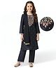 Pine Kids Woven Three Fourth Sleeves Floral Embroidered Kurti Chudidar Set with Dupatta & Lace Detailing - Navy Blue