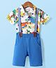 Babyhug Single Jersey Knit Half Sleeves Shirt & Shorts Set With Dino Print & Suspender - White & Blue