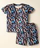 Rikidoos Embosis Hosiery Half Sleeves Alphabets Printed Tee With Coordinating Shorts Set - Navy Blue
