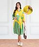 Bella Mama Viscose Woven Three Fourth Sleeves Front Open Maternity Shirt Dress With Tropical Theme Print - Yellow