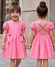 Mark & Mia Cotton Half Puffed Sleeves Solid Color Frock with Bow Applique - Pink