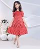 misbis Cotton Half Puffed Sleeves Floral Printed Smocked Dress - Red