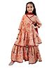 Cutiediva Viscose Three Fourth Sleeves Floral Printed & Lace Embellished Angrakha Styled Kurta & Sharara With Dupatta Set - Peach