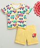 BUMZEE Cotton Half Sleeves Car & Truck Printed Jhabla & Shorts Set - White & Yellow
