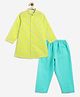 Campana 100% Cotton Woven Full Sleeves Floral Block Printed Kurta Pyjama Set - Lime Green & Turquoise
