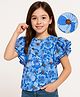 Pine Kids Cotton Knit Frill Sleeves Top With Floral Print - Blue