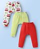 Doodle poodle Cotton Knit Full Length Striped & Vehicle Printed Diaper Leggings Pack of 3 - Red Light Green & White