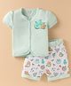 BUMZEE Cotton Knit Half Sleeves Kitten & Pears Printed Front Open T-Shirt & Shorts Set - Mint Green & White