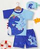 PASSION PETALS Lycra Half Raglan Sleeves Dinosaur Printed & Applique Detailed Coordinating Tee & Shorts With Cap Set - Blue & Light Blue