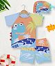 PASSION PETALS Lycra Half Raglan Sleeves Dinosaur Printed & Applique Detailed Coordinating Tee & Shorts With Cap Set - Light Blue & Orange