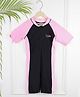 PASSION PETALS Lycra Half Sleeves Colour Blocked Legged Swimsuit - Black & Pink