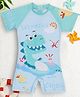 PASSION PETALS Lycra Half Raglan Sleeves Dinosaur Printed Legged Swimsuit - Light Blue