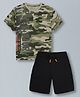 Plum Tree Pure Cotton Half Sleeves Camouflage Printed Tee & Shorts Set - Olive Green & Black