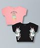 Plum Tree Pure Cotton Pack Of 2 Half Sleeves Cool Girl Rule Text & Unicorn Glitter Printed Crop Tops - Coral & Black