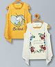 Plum Tree Pure Cotton Pack Of 2 Sleeveless Unicorn Glitter Printed Top With Attached Floral Lace Shrug Top - Yellow & White