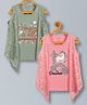 Plum Tree Pure Cotton Pack Of 2 Sleeveless Unicorn & MAgic Is All Round Glitter Printed Top With Attached Floral Lace Shrug Top - Coral & Green