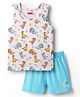 Babyhug 100% Cotton Single Jersey Knit Sleeveless Sando & Shorts Set With Dino Print - White & Light Blue