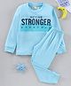 BLUSHES Cotton Knit Full Sleeves Getting Stronger Everyday Text Printed Night Suit Set - Powder Blue