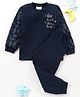 BLUSHES Cotton Knit Full Sleeves The Skys The Limit Text Printed Night Suit Set - Navy Blue