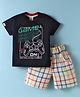 Mini Donuts Cotton Knit Half Sleeves T-Shirt & Shorts Set With Checks & Game Theme Print - Navy Blue & White