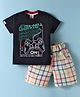 Mini Donuts Cotton Knit Half Sleeves T-Shirt & Shorts Set With Checks & Game Theme Print - Navy Blue & White