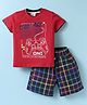 Mini Donuts Cotton Knit Half Sleeves T-Shirt & Shorts Set With Checks & Game Theme Print - Red & Black