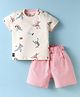 Mini Donuts Cotton Knit Half Sleeves T-Shirt & Shorts Set With Sport Theme Print - Peach & Pink