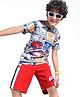 Ollington St. Cotton Half Sleeves Car Printed T-Shirt & Knit Shorts Set - White & Red